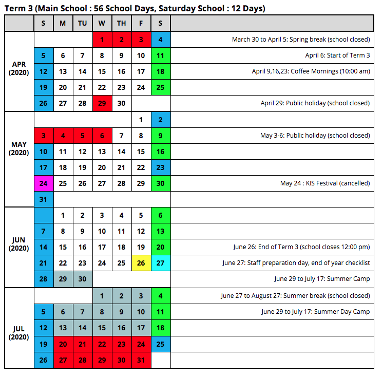 Calendar Kyoto International School